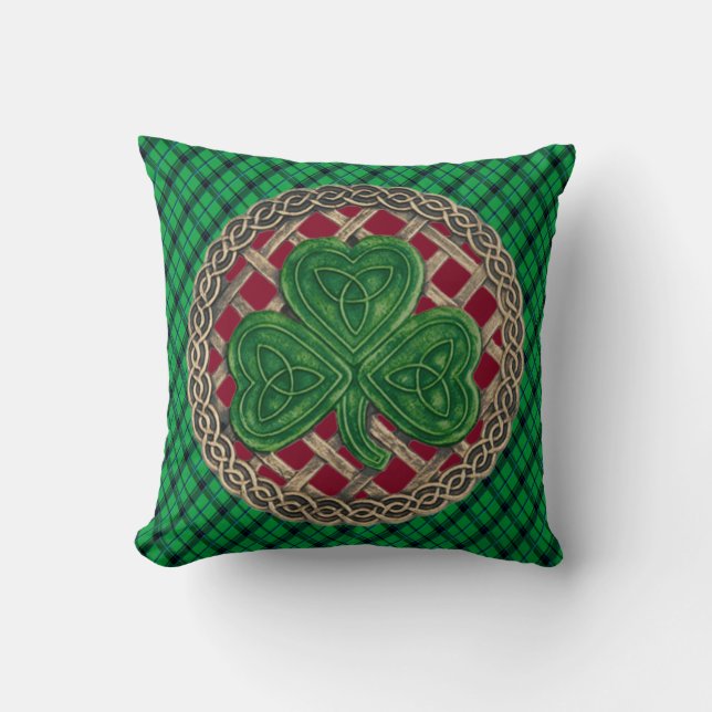 Red Shamrock Celtic Knots On Green Plaid Cushion (Front)
