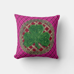 Red Shamrock Celtic Knots On Pink Plaid Cushion