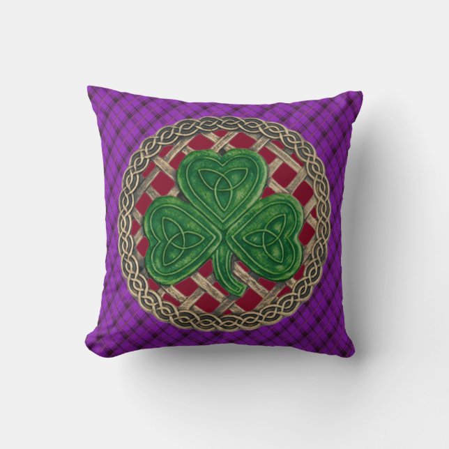 Red Shamrock Celtic Knots On Purple Plaid Cushion (Front)