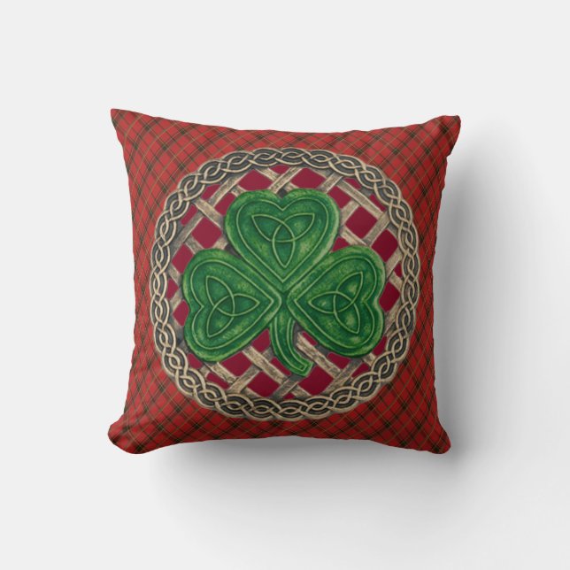 Red Shamrock Celtic Knots On Red Plaid Cushion (Front)