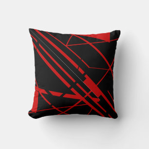 Red Shapes, Lines on Black Abstract Flowing Design Cushion