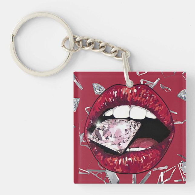 Red shattered glass and diamonds key ring (Front)