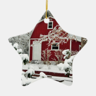 Red Shed During Winter Ceramic Ornament