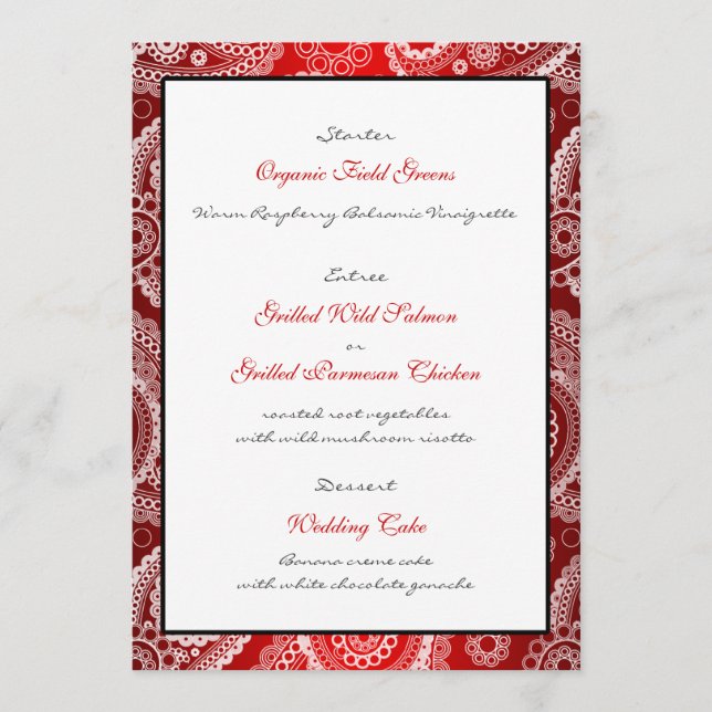 Red Shimmer Satin White Lace Paisley Menu Card (Front)