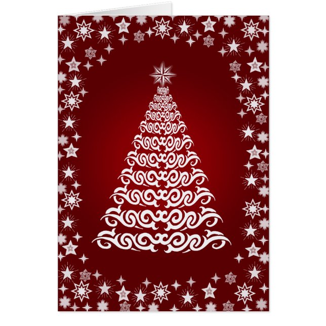 Red Shining Stars Christmas Tree Greetings Card (Front)