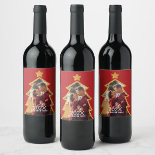 Red Shiny Christmas Tree Personalized Photo Wine Label