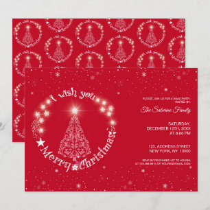 Red Shiny Sparkle, I Wish you Merry Cristmas Tree Invitation