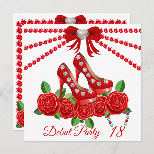 Red Shoes, Jewels And Rose Flower 18th Birthday  Invitation (Front/Back)