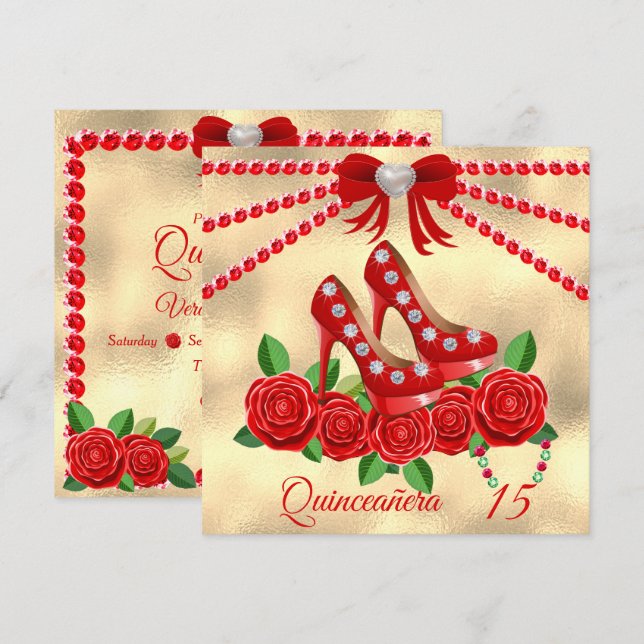 Red Shoes, Jewels And Rose Flower Quinceañera  Invitation (Front/Back)