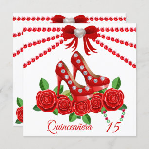 Red Shoes, Jewels And Rose Flower Quinceañera  Invitation