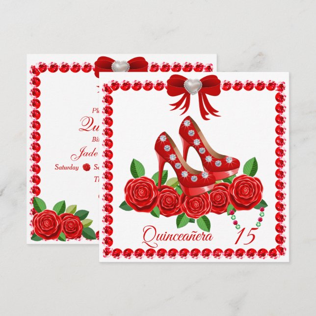 Red Shoes, Jewels And Rose Flower Quinceañera  Invitation (Front/Back)