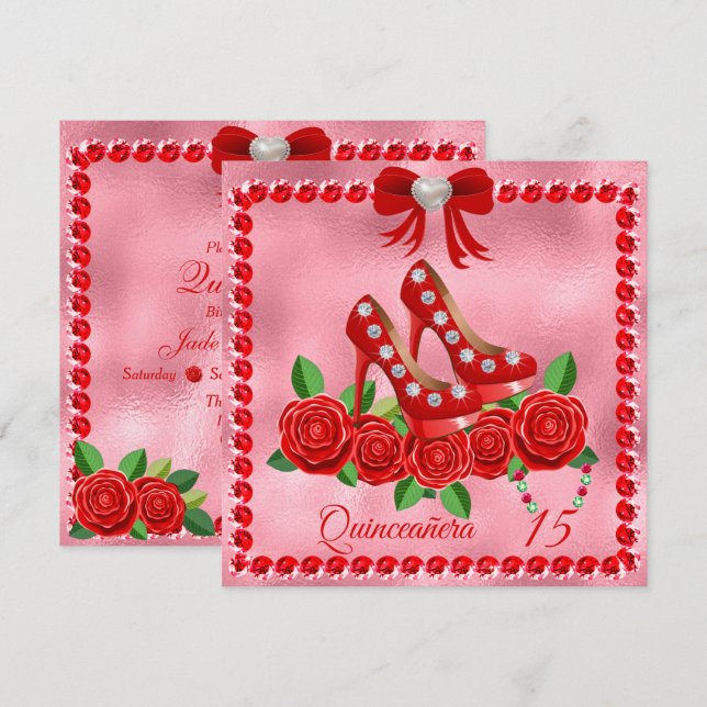 Red Shoes, Jewels And Rose Flower Quinceañera Invitation (Front/Back)