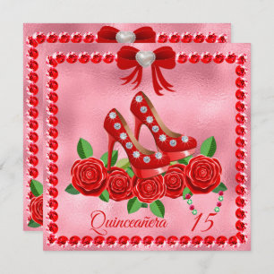 Red Shoes, Jewels And Rose Flower Quinceañera Invitation