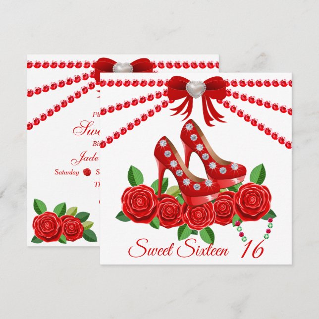 Red Shoes, Jewels And Rose Flower Sweet Sixteen  Invitation (Front/Back)