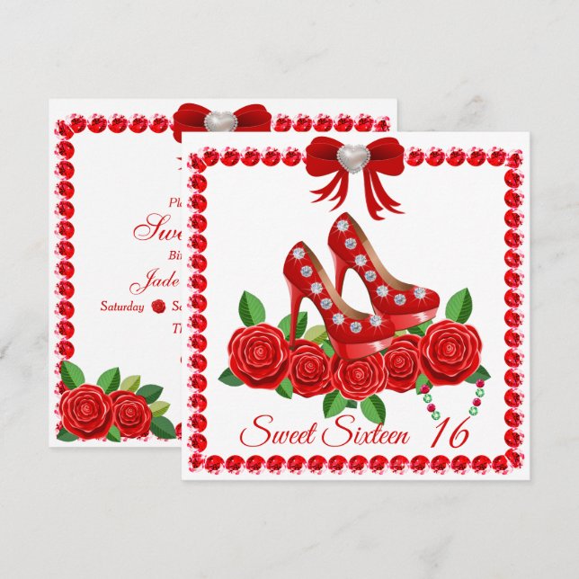 Red Shoes, Jewels And Rose Flower Sweet Sixteen Invitation (Front/Back)