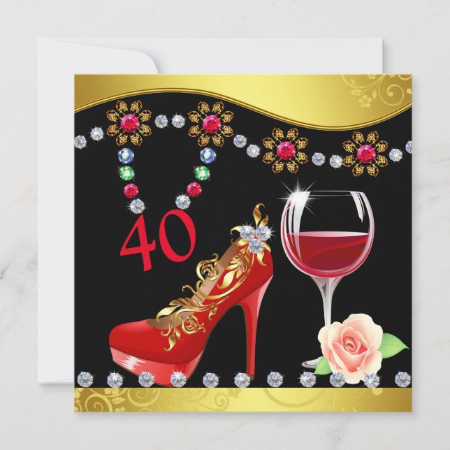 Red Shoes, Wine & Jewels 40th Birthday Invitation (Front)