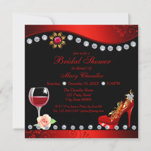 Red Shoes, Wine & Jewels Black Red Bridal Shower 1 Invitation