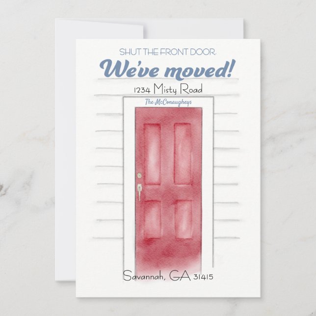 Red Shut The Front Door Anouncement Card (Front)