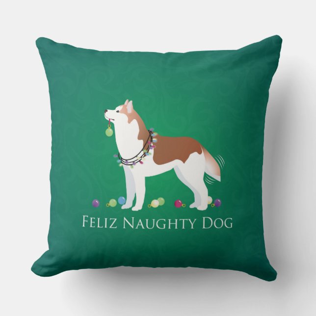 Red Siberian Husky Feliz Naughty Dog Christmas Cushion (Front)