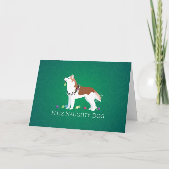 Red Siberian Husky Feliz Naughty Dog Christmas Holiday Card (Front)