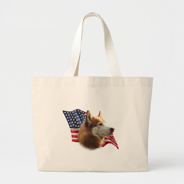 Red Siberian Husky Flag Large Tote Bag (Front)