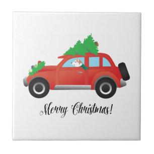 Red Siberian Husky in Christmas Car Tile
