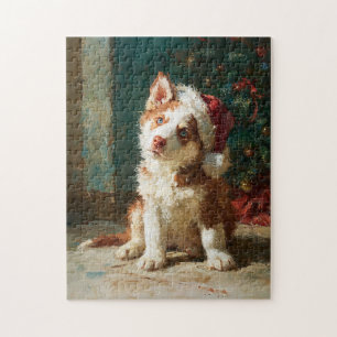 Red Siberian Husky Puppy Christmas Painting Jigsaw Puzzle