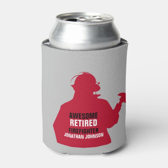Red Silhouette Personalised Retired Firefighter   Can Cooler (Can Front)