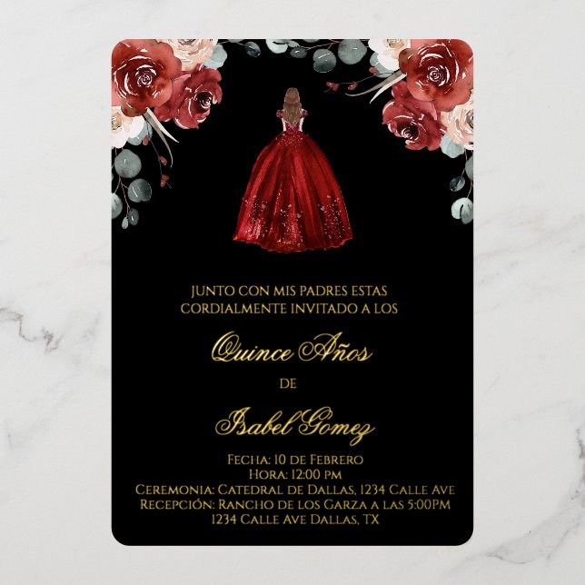 Red silhouette quinceañera invitation foil invit (Front)