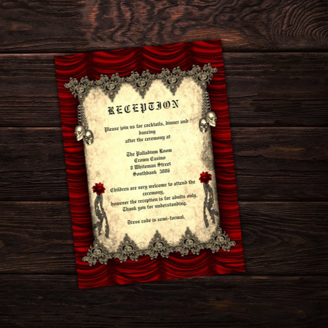 Red Silk and Skulls Gold Gothic Wedding Reception Enclosure Card (Creator Uploaded)