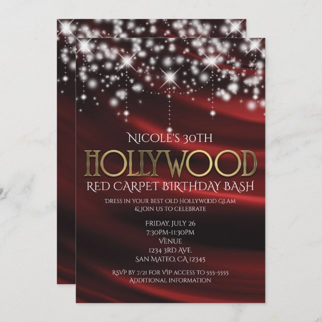 Red Silk & Sparkle Gold Hollywood Glam Invitation (Front/Back)