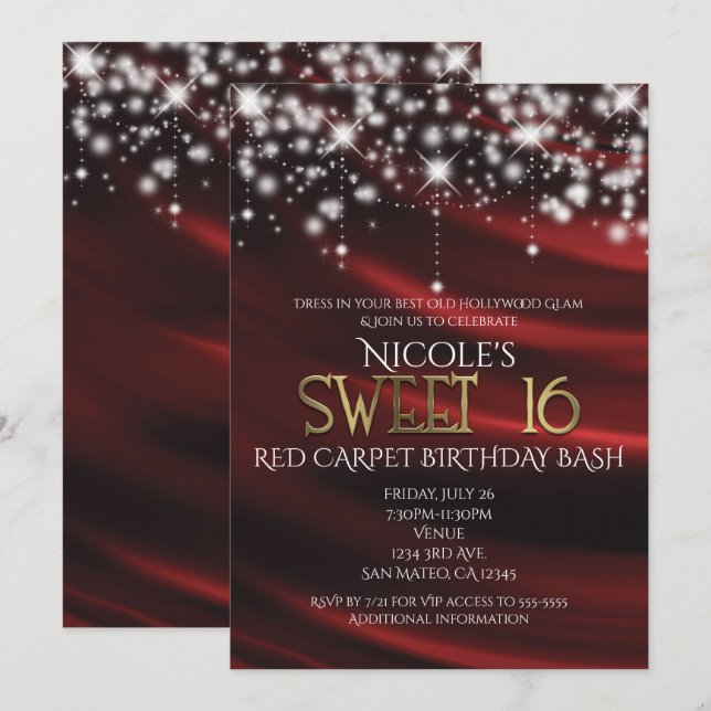 Red Silk & Sparkle Gold Sweet 16 Glam Invitations (Front/Back)