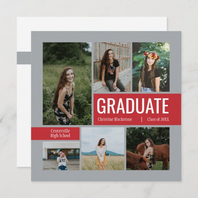 Red & Silver 6 Photo Graduation Invitation (Front/Back)
