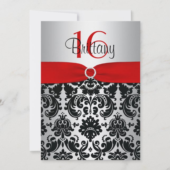 Red, Silver, and Black Damask Sweet 16 Invitation (Front)