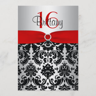 Red, Silver, and Black Damask Sweet 16 Invitation