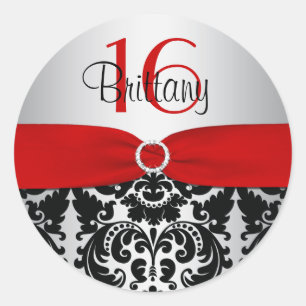 Red, Silver, and Black Damask Sweet 16 Sticker