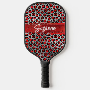 Red Silver and Black Foil Leopard Brush Strokes Pickleball Paddle