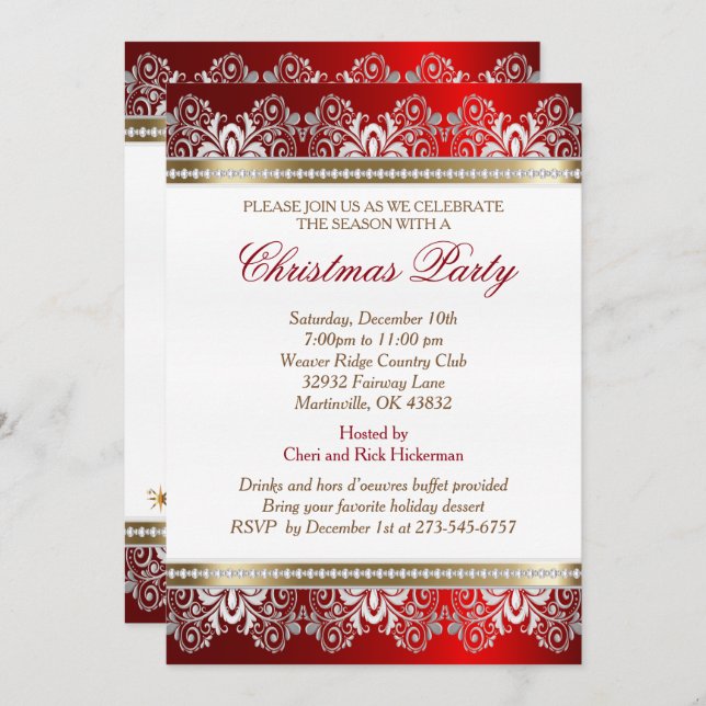 Red, Silver and Gold Christmas Holiday Tree Invitation (Front/Back)