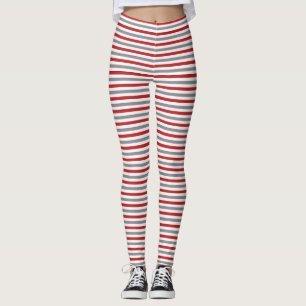 Red Silver and White Christmas Stripes Leggings