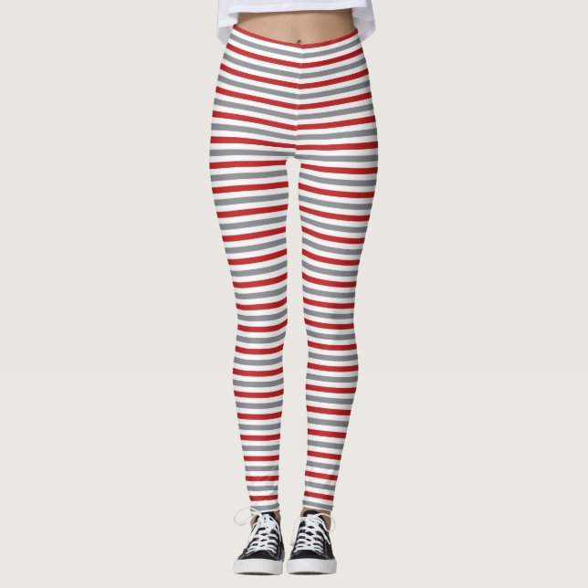 Red Silver and White Christmas Stripes Leggings (Front)