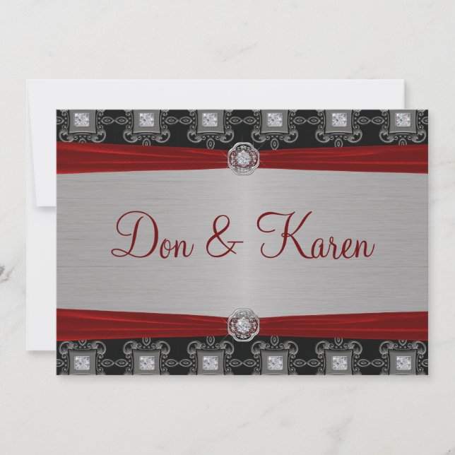 Red Silver Black Ornate Elegance Size A7 Invitation (Front)