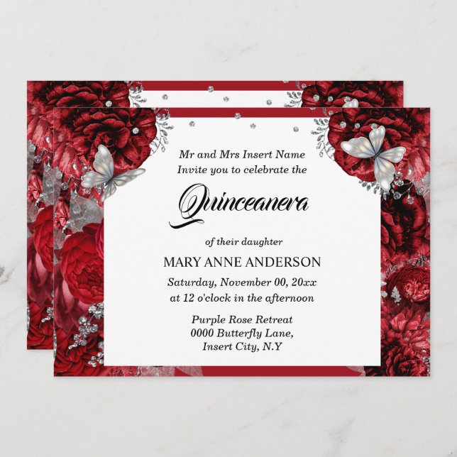 Red silver butterfly elegant rose quinceanera invitation (Front/Back)