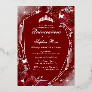 Red Silver Butterfly Floral Quinceanera