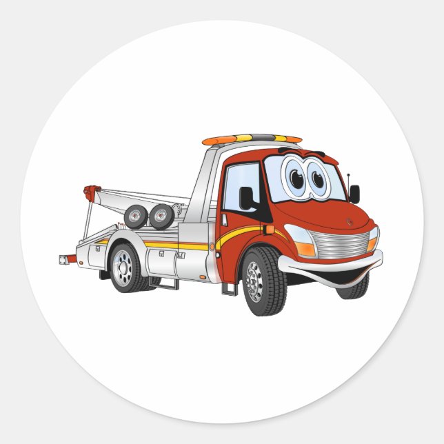 Red Silver Cartoon Tow Truck Classic Round Sticker (Front)