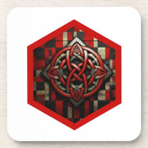 Red & Silver Celtic Knot In A Six Sided Red Frame Coaster