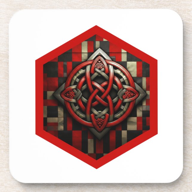 Red & Silver Celtic Knot In A Six Sided Red Frame Coaster (Front)