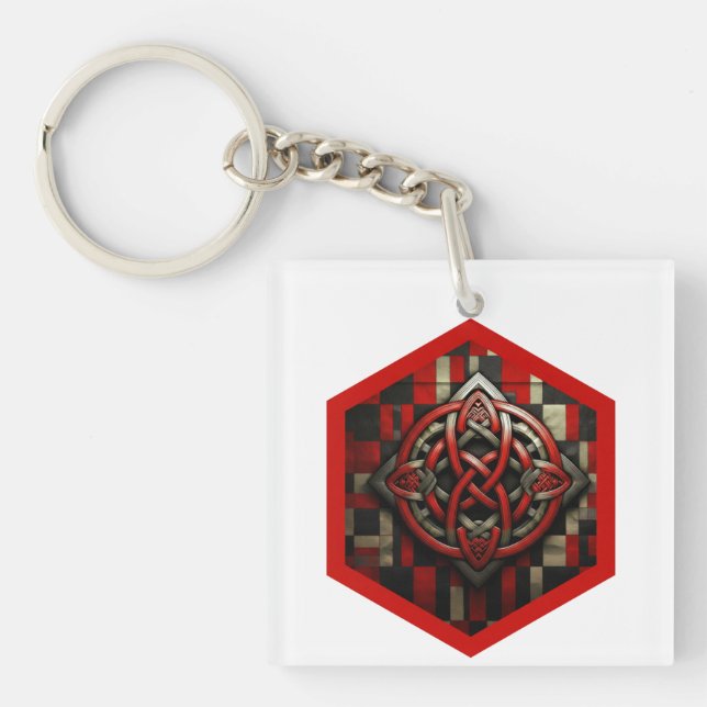 Red & Silver Celtic Knot In A Six Sided Red Frame Key Ring (Front)