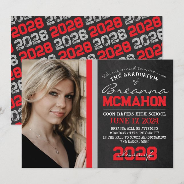 Red & Silver Chalkboard Graduation Announcement (Front/Back)