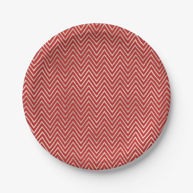 Red Silver Chevron Stripes Paper Plate (Front)