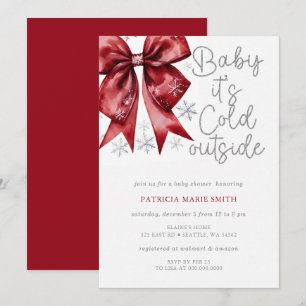 Red Silver Christmas Bow Cold Outside Baby Shower Invitation